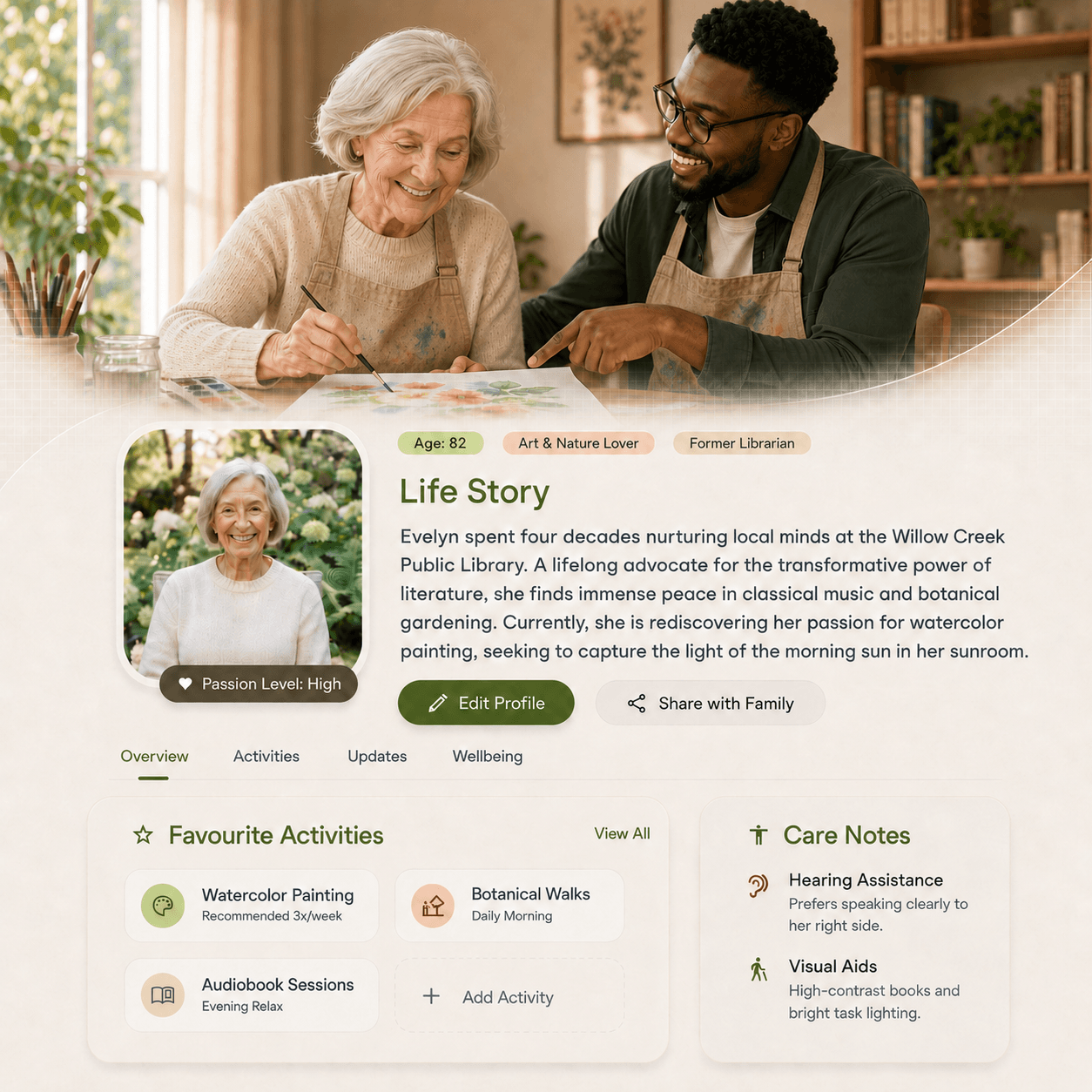 Warm activity moment with an older person and supportive companion